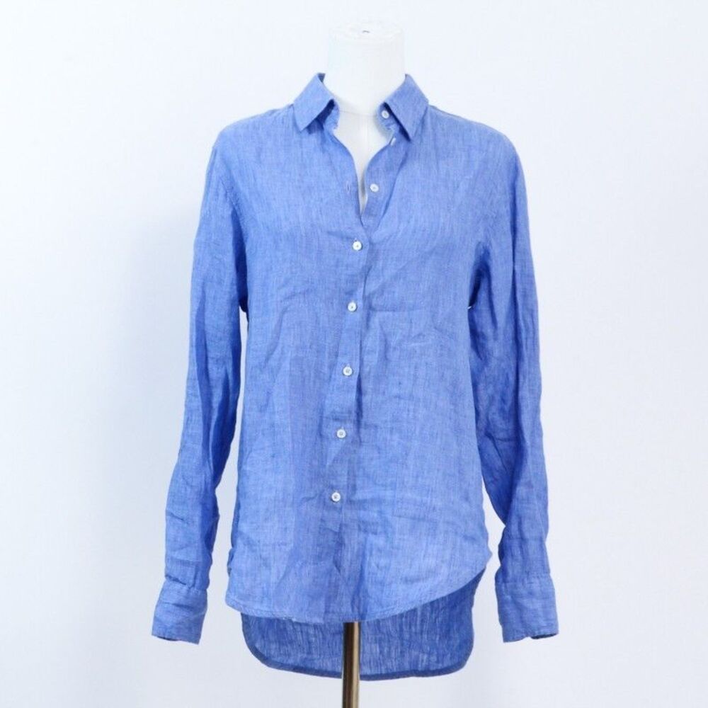 0039 Italy Women's Shirt Linen Button Down Long Sleeve Chambray Blue Size Small